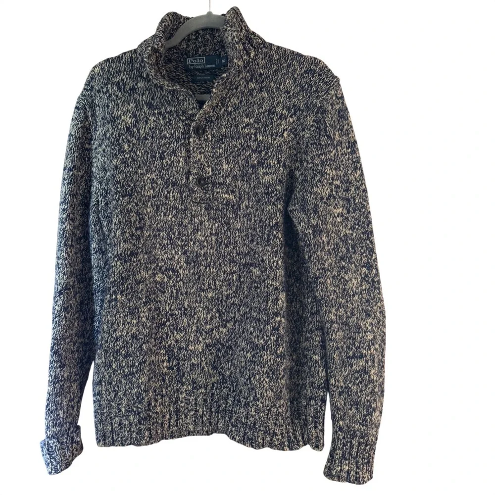 Polo Ralph Lauren Mens Marled Cotton Chunky Knit Button Mock Sweater M